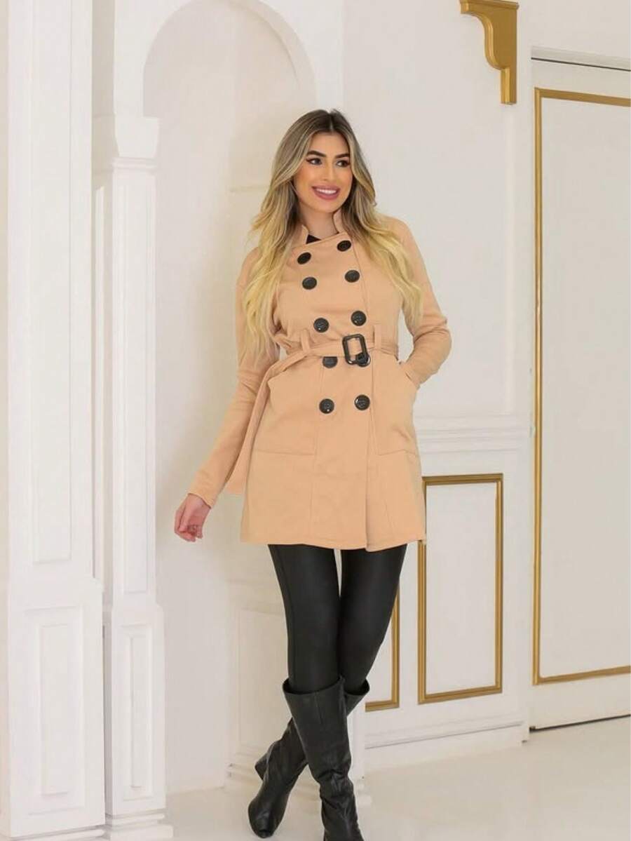 Women's Medium Overcoat With Pockets And Buttons, Elegant Wool, Winter - 米色 - 查看 1