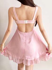 Women's Loose Fit Spaghetti Strap Ruffle Hem Flattering Dress - Pink - View 3