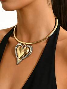 1 chiếc vòng cổ choker mỏng mịn tối giản với mặt dây chuyền hình trái tim hai màu, dành cho phụ nữ đeo hàng ngày hoặc dự tiệc Valentine - vàng đen - Xem 3
