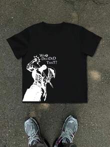 2026 New  Men's And Women's T-ShirtMen'S New T-Shirt |   Y2K Fashion Print, White Base With Black Anime-Style Muscular Character Silhouette, "Who Decided That? "Text, Tough Lines And Distinctive, Suitable For Anime Fans And Outfits, Regular Fit, Crew Neck, Slight Stretch Fabric - màu đen - Xem 2