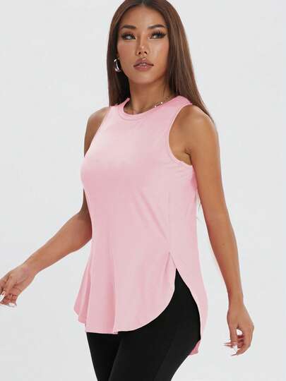 1pc Women Casual Loose Side Slit Sleeveless Pullover Workout Top, Comfortable Fitness Exercise Shirt For Spring/Summer