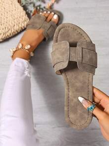 Ximi Ruo Korean Style Casual Flat Slide Sandals, Open Toe, Woven Roman Style, Suitable For Spring, Summer, Outdoor, Beach, Apartment, Brown Color, Flat Design, Versatile For Dresses - Camel - View 1
