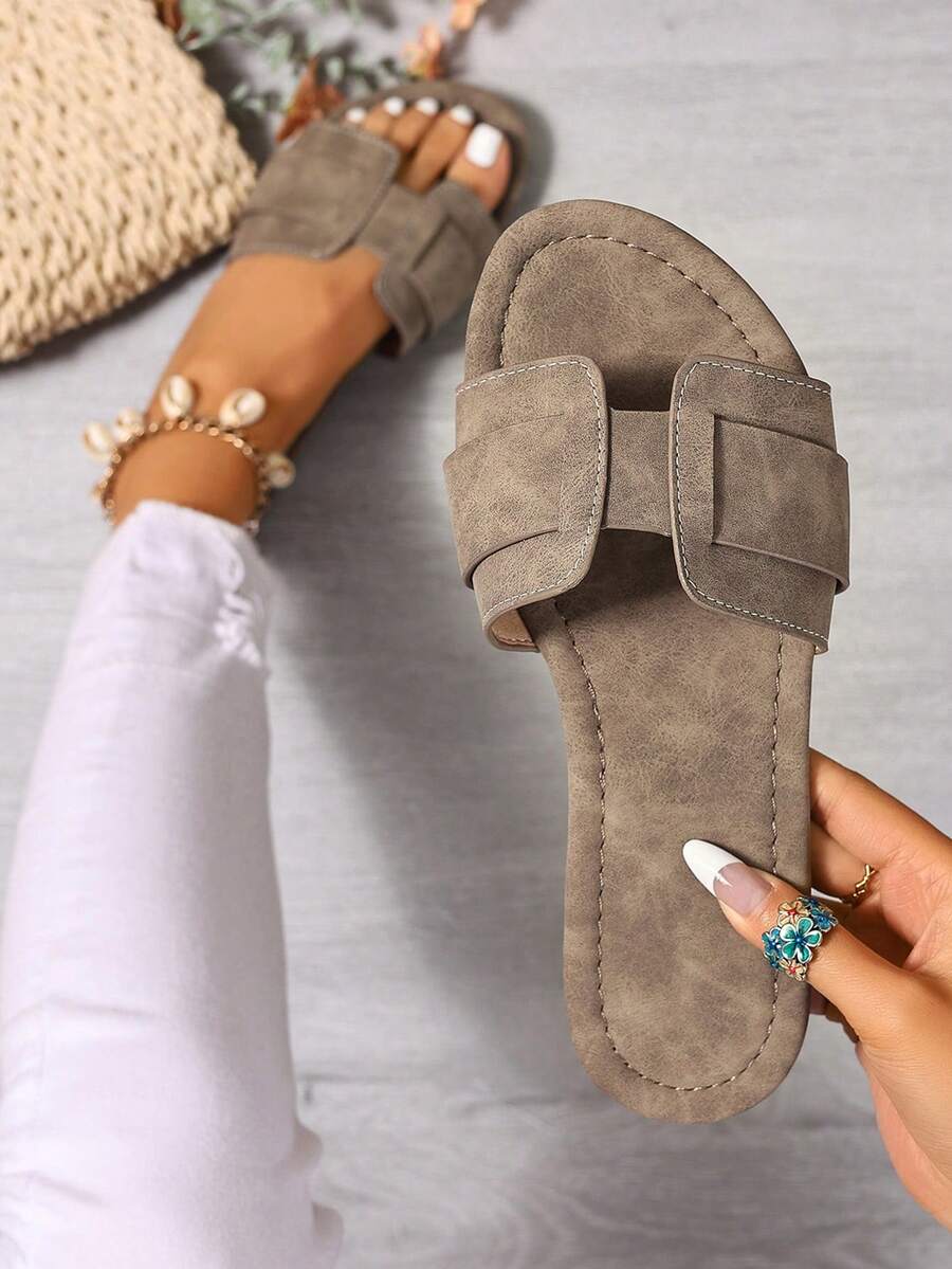 Ximi Ruo Korean Style Casual Flat Slide Sandals, Open Toe, Woven Roman Style, Suitable For Spring, Summer, Outdoor, Beach, Apartment, Brown Color, Flat Design, Versatile For Dresses - Camel - View 1