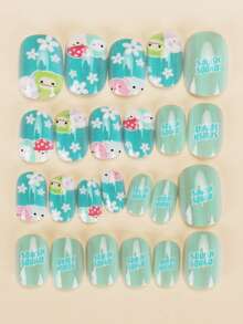 24pcs Children's Short Square Nail Stickers, Kids Love Them! Macaron Colors, Short Square Shape, Non-Sticky Design, Easy To Wear, Featuring Cute Patterns Like Gingerbread Man, Cake, Lollipop, Full Of Childlike Fun, Suitable For Daily Life, Christmas, And Parties, Providing A Lovely Ritual For Kids - MultiWarna - View 3