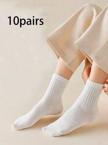 5/10 pares de calcetines de longitud media neutros para mujer, disponibles en múltiples colores sólidos simples, adecuados para uso casual, diario y de negocios - Multicolor - Ver 7