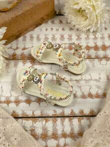 Sandalias con estampado floral francés para niñas, nuevos zapatos de princesa retro de verano para niños, suela suave antideslizante - Beis - Ver 2