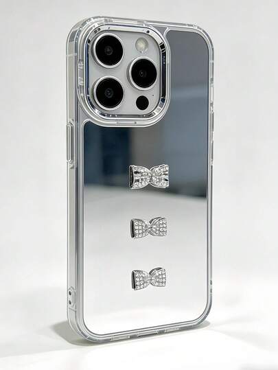 1 ốp lưng điện thoại cao cấp màu bạc có gương trang điểm và nơ đính đá, chống sốc, chống trượt và chống trầy xước, tương thích với Apple 17 Pro Max, Apple 17/16/15/14/13/12/11 Series, S20-S25 Series, Note 14/13/12 Series & A56 5G, món quà hoàn hảo cho Ngày Valentine / Năm mới.