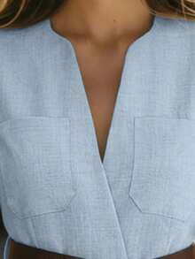 Robe élégante de printemps/été pour femmes, de couleur unie, avec poches latérales, fermeture éclair, col en V. Convient pour le bureau, le travail, les déplacements, les occasions décontractées et les vacances. (Sans ceinture) - bleu clair - Voir 5