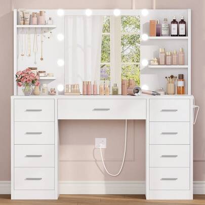 Large Vanity Desk With LED Lighted Mirror & Power Outlet,Makeup Vanity Table With 9 Drawers,4 Shelves And 5 Hooks,Vanity Table, Vanity Desk Set For Bedroom,Bathroom,White