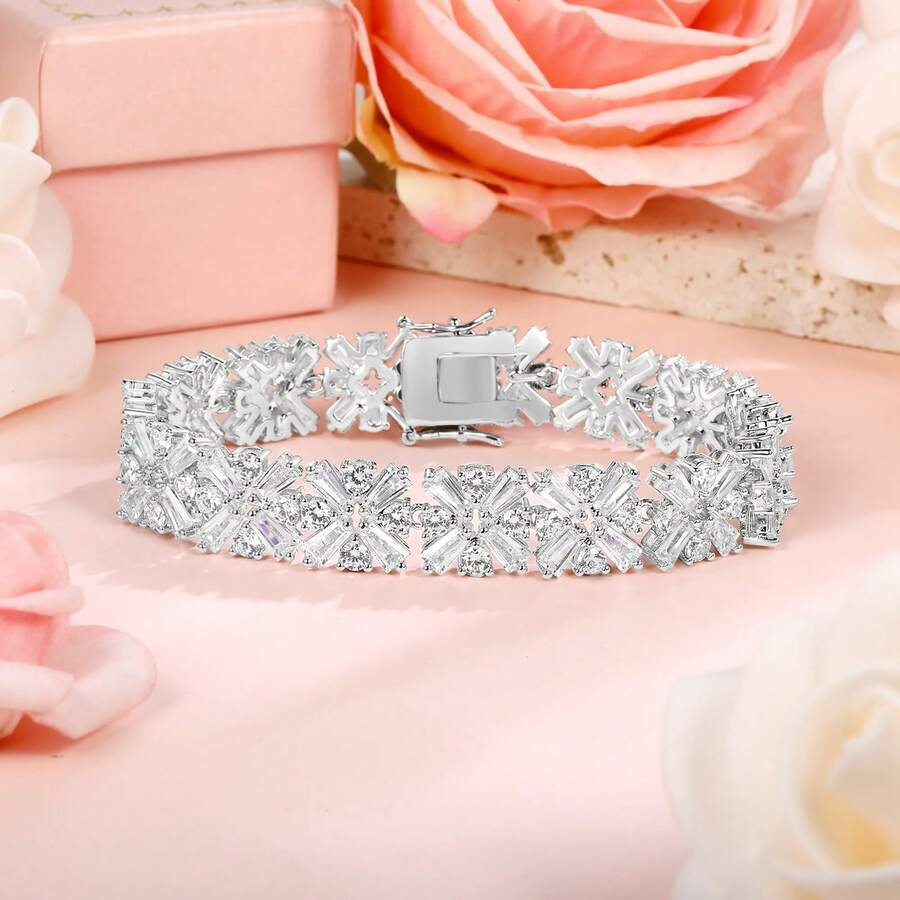 MDFUN 18K白金5x3x2毫米长方形切割钻石雪花网球手链，奢华立方氧化锆花簇手链，女士优雅新娘结婚珠宝礼品 - 白金 - 查看 1