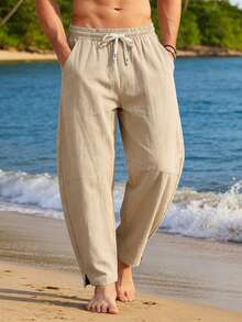 Men's American Style Loose Linen Casual Minimalist Straight Leg Drawstring Curved Hem Pants - Khaki - View 4