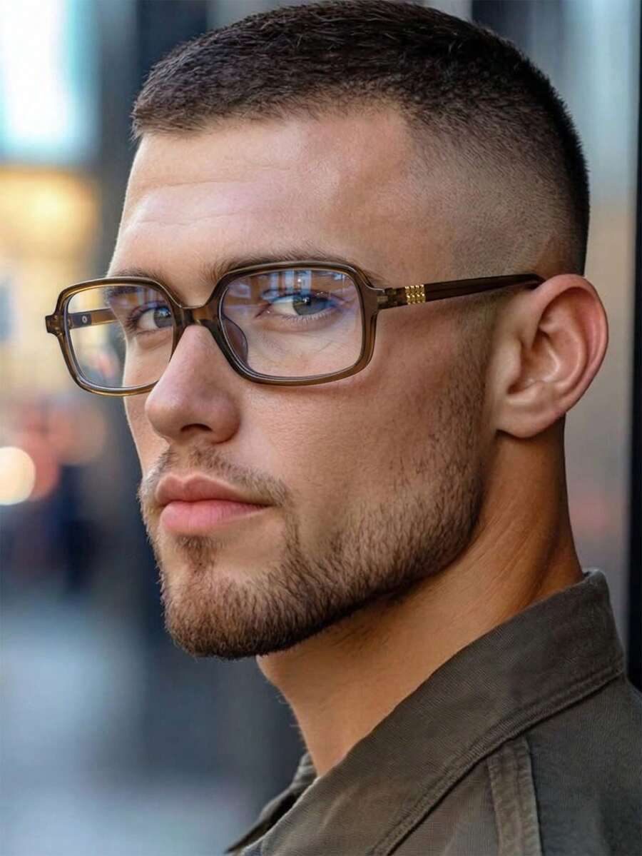 1 Pair Men's Olive Green Rectangular Frame PC Retro Classic Versatile Non-Prescription Glasses - Olive Green - View 1