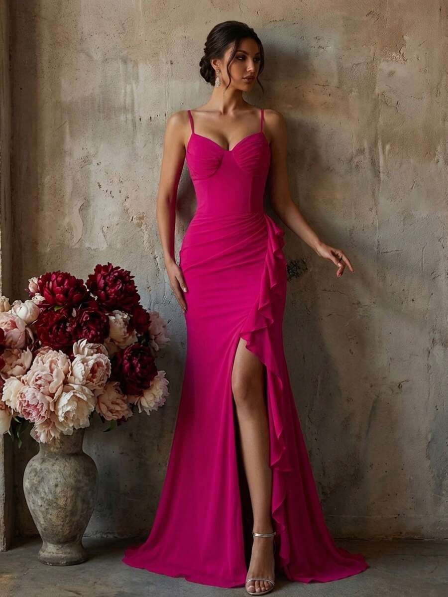 Vestido de dama de honor de tejido sin mangas con tirantes de espagueti, dobladillo con volantes y abertura alta con cremallera hasta el largo del piso - Rojo - Ver 1