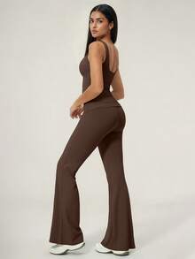 TimeOff 1 Set Women's Solid Color V-Neck Backless Removable Padded Camisole And Flared Leg Pants Sports Suit - Brown - View 3