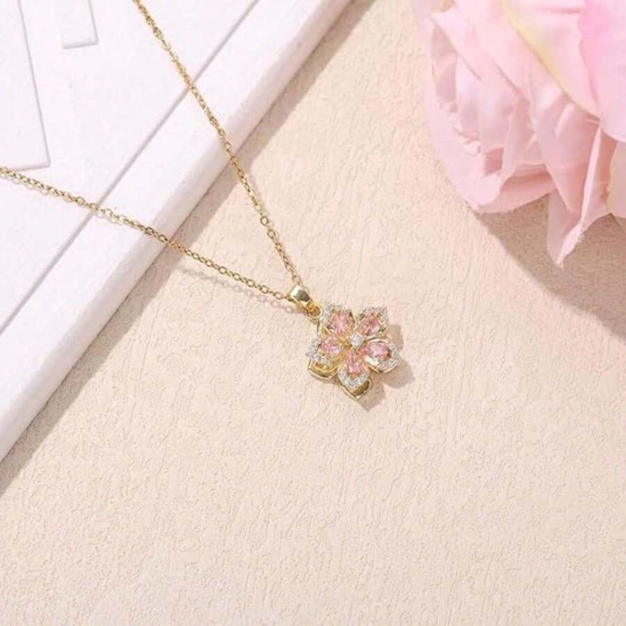 Spinning Necklace For Women Silver Flower Fidget Necklace, Rotatable Crystal Blossom Pendant Necklace Adjustable Length, Spinning Fidget Necklace Redbud Flower Design, Funny Summer Fashion Jewelry For Daily Wear Office Party Travel Gift For Her Friend Mom Wife Girlfriend - 粉色 - 查看 1