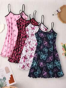 4PCS Women's Butterfly Print Sleepwear Set Top Strap Shorts Home Leisure Print Set Sleeveless - Multicolor - View 1