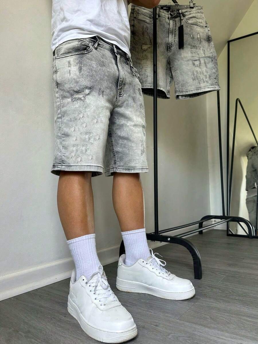 Denim Shorts, Summer Pants, Non-Stretch Denim Shorts, Cotton Ripped Denim Shorts, Casual Hiphop Street Style Jeans, Versatile For Daily Commute - Grey - View 1
