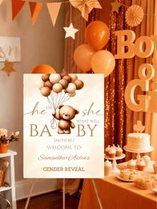 Personalized Gender Reveal Party Sign - Customized Baby Gender Reveal Canvas With Neutral Bohemian Teddy Bear And Balloon Pattern., Back To School - Multicolor - View 6