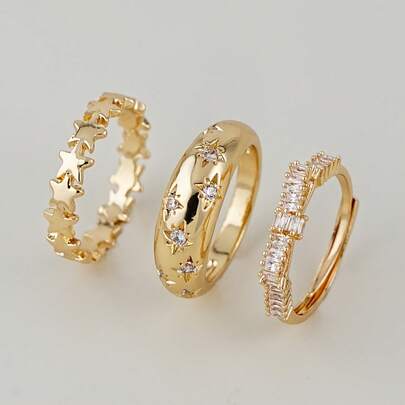 Bộ 3 chiếc nhẫn hình nơ và ngôi sao lấp lánh tuyệt đẹp, đính đá Cubic Zirconia, thích hợp cho nữ giới đeo hàng ngày, hẹn hò, dự lễ hội âm nhạc, tiệc tùng.
