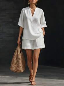 2026 Spring/Summer Women's Solid Color V-Neck Linen-Cotton Casual Top And Shorts Two-Piece Set - 藍色 - 查看 9