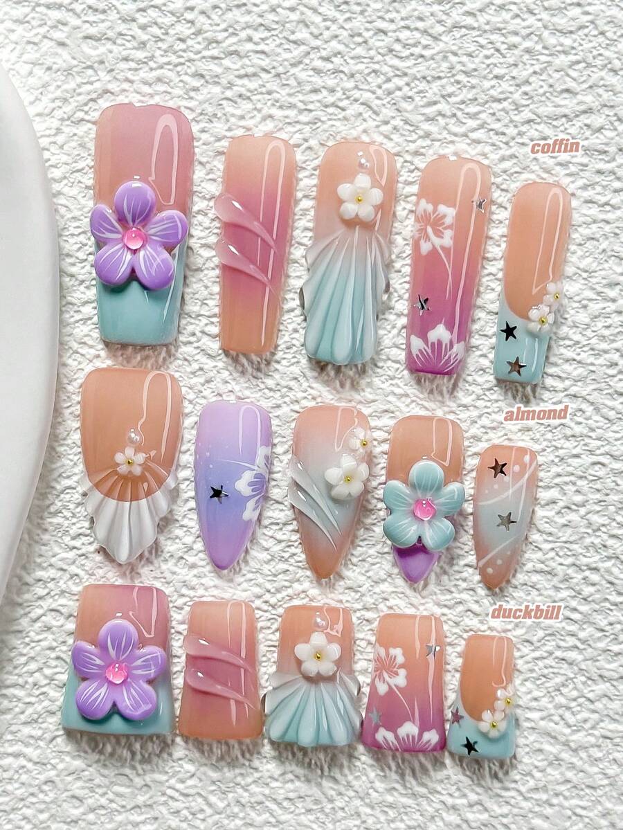 10Pcs Dreamlike Fairytale Style Handmade Nail Art Set,Unghie Press On,Flower And Star, Five Petal Flower,Purple, White And Green Nail Polish,Includes Nail Tools,3 Sizes Available,Almond Nails , Duck Nails,Coffin Nails For Party, Dance, Daily Wear. - 彩色 - 查看 1