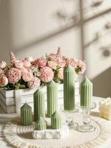 1pc Dopamine-Inspired Light Green Striped Cone Candle Pillar (Diameter 5cm/1.97in), Suitable For Meditation, Lighting, Ambiance Creation, Home Decor, Room Decor, Party, Holiday, Tabletop Display, Wedding, Birthday Gift, And Women's Gift - Pea Green Pointed Top - View 3