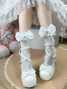 1 đôi tất nữ Lolita dễ thương, ngọt ngào, viền ren và nơ, cao đến bắp chân, phù hợp cho mọi mùa. - Nhiều màu - Xem 10