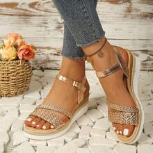 Giày sandal nữ thời trang mới, màu sắc tươi sáng, nhẹ, đa năng, đính đá lấp lánh, hở mũi, đế dày, kiểu dáng nghỉ hè, quai đan, trang trí cầu kỳ, phù hợp cho hẹn hò, mua sắm, đi làm, dự tiệc, đi biển. - Hoa hồng vàng - Xem 2