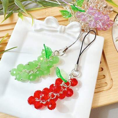 Dây đeo điện thoại hình quả nho pha lê, mặt dây chuyền hình trái cây đính cườm thủ công, phụ kiện túi xách đa năng, quà tặng nhỏ