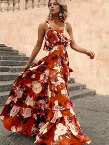 Spring/Summer New Floral Print 2-Piece Set, Ruffled Camisole Top And Maxi Skirt, Bohemian Beach Vacation Casual Outfit For Women - Coral Orange - View 3