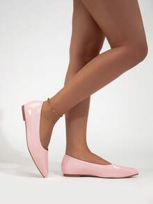 Women's Spring/Summer New Fashion Simple Elegant Embroidered Flats, Pointed Toe, Pearl Pink PU Leather, Comfortable Slip-On Low Heel Casual Shoes, Suitable For Office, Commute, All Seasons - Pink - View 6