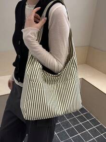 Large Capacity Women's Cloth Bag, Shoulder Bag, Casual Versatile Striped Tote - Multicolor - View 3
