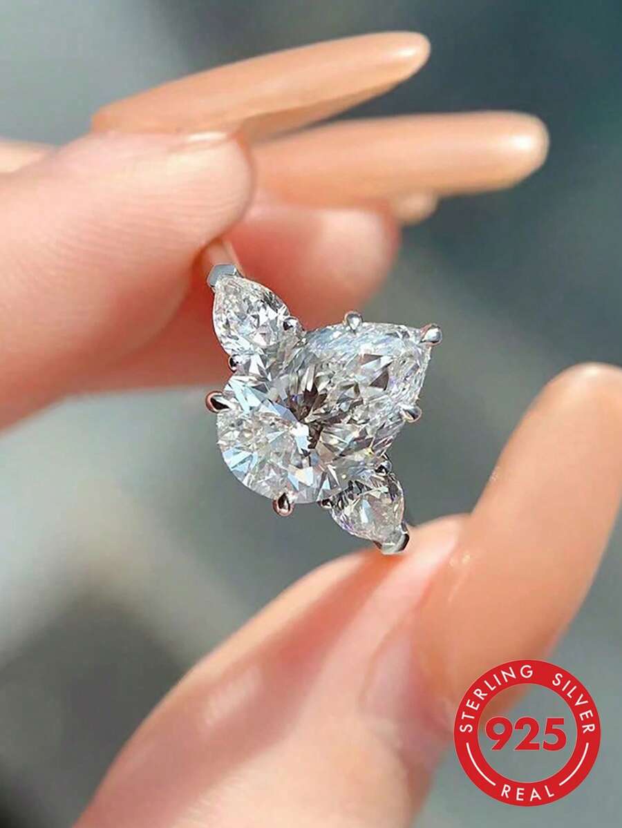 1枚925纯银经典闪耀三石戒指，订婚戒指，结婚戒指，女士承诺戒指，永恒戒指，精致珠宝礼品