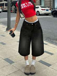 少女潮流黑色破洞宽松阔腿牛仔七分裤，街头风 - 黑色 - 查看 1