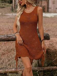 Đầm ngắn móc len kiểu miền Tây dành cho nữ, đầm tank top không tay khoét rỗng, đầm ôm sát kiểu boho có dây rút cho buổi hòa nhạc đồng quê. - Đỏ gỉ - Xem 4