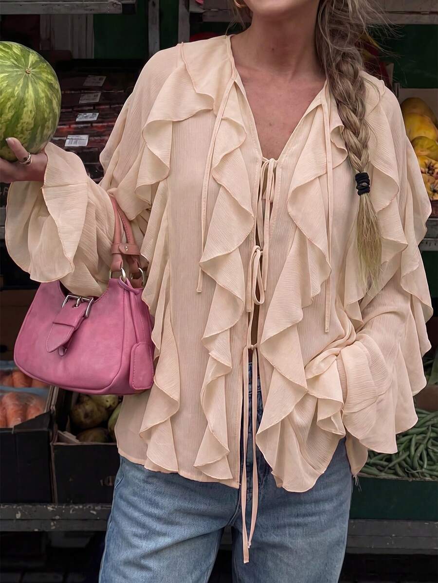 Look Polly 女士 Y2K 风格系带荷叶边喇叭袖雪纺衬衫，露脐休闲度假衬衫 - 杏色 - 查看 1