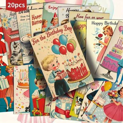 JAIIMAN 20-Pack Vintage 50s Happy Birthday Postcards - 4x6 Inches Retro Junk Journal Paper, Classic Pinup Illustrations, Collectible Decorative Painting Cards For Scrapbooking & Crafting.
