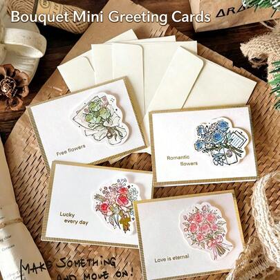 4 piezas Tarjetas de felicitación con ramo de flores 3D, tarjetas plegables de bendición de alta calidad con diseño vintage