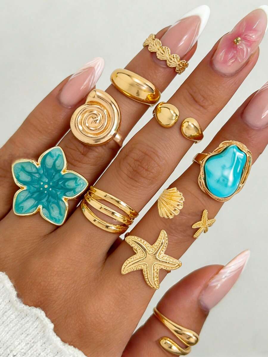 Set de 10 piezas de anillos de mujer con diseño de estrella de mar, concha y flor, en estilo de vacaciones de verano. Adecuado para uso diario, fiestas o regalos de festivales. - Oro y azul - Ver 1