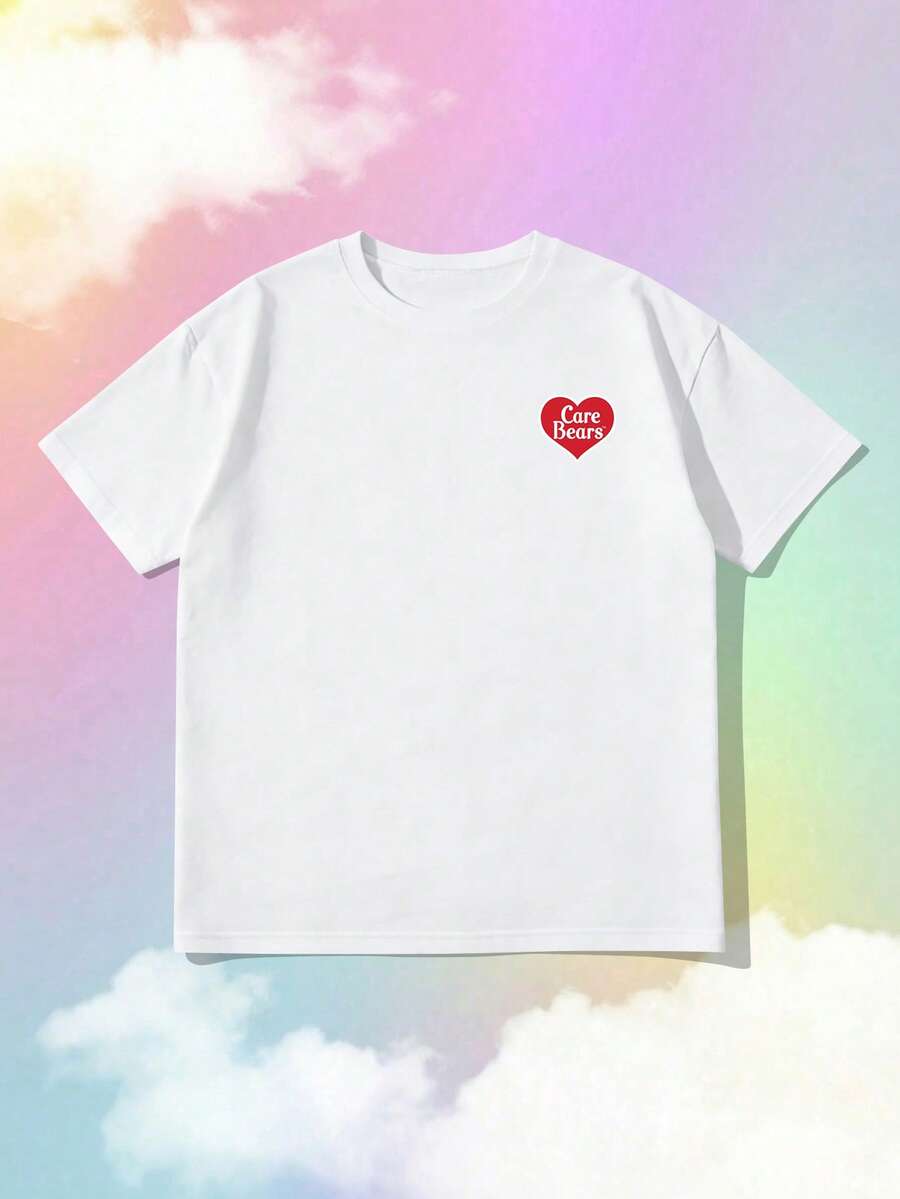 SHEIN | Care Bears Áo thun nữ tay ngắn cổ tròn in hình trái tim và gấu bông, kiểu dáng thường ngày, thích hợp cho mặc dạo phố và thư giãn. - trắng - Xem 1