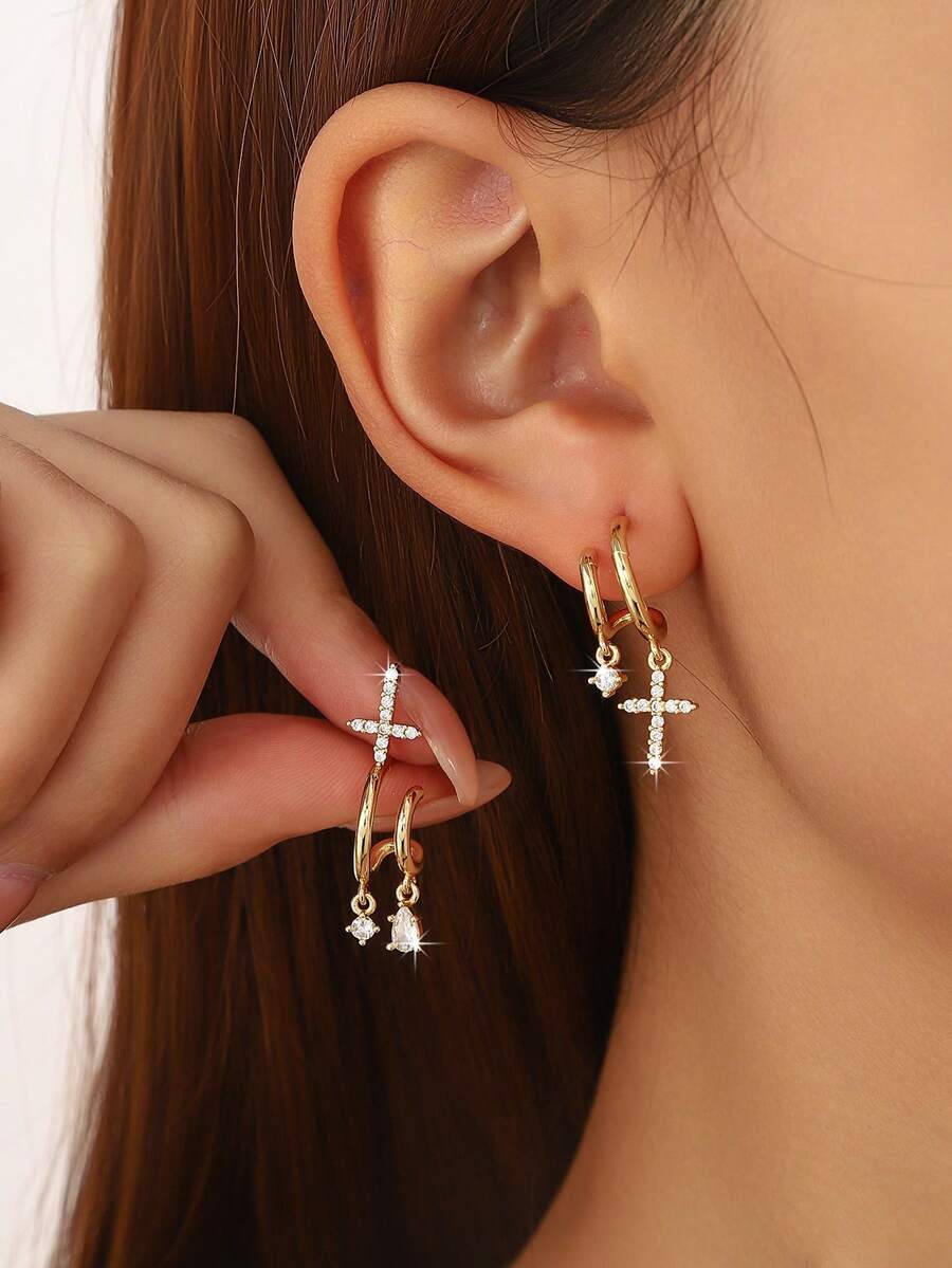 1 Pair Women's Cross Earrings, Delicate Water Drop AP Design, Unique Style, Not Flashy, Fashionable, Sweet And Suitable For Parties, Dates, Music Festivals, And Club Atmosphere - Yellow Gold - View 1