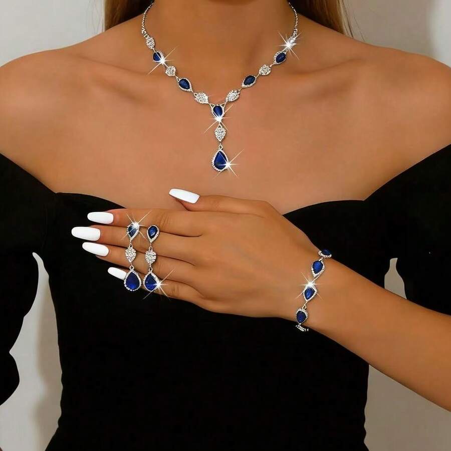 Conjunto de aretes, collar y pulsera de boda con gota de agua de circonita cúbica de moda - 1662796 Traje azul rey - Ver 1