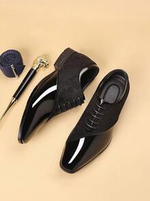 Men's Formal Dress Shoes, Classic Patent Velvet Lace-Up Oxford Shoes - Black - View 3