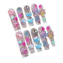 Cute 3D Bear-Themed Nail Art Stickers With Medium-Length European And American Style, Featuring Glittery, Translucent, And Handmade Detachable False Nails. - 彩色 - 查看 2