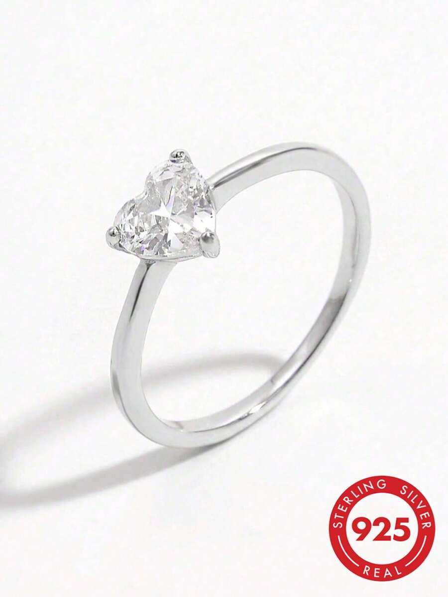 1pc Elegant Fashion Classic Shiny Minimalist 925 Sterling Silver Heart Zirconia Stone Ring, Jewelry Decor For Party, Gathering, Daily Wear - Silver - View 1