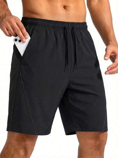 1 pieza Pantalones cortos casuales negros para hombres, con ribete de costura en contraste, tela suave y cómoda, cintura con cordón, material ligero y transpirable, adecuado para fitness, correr, actividades al aire libre