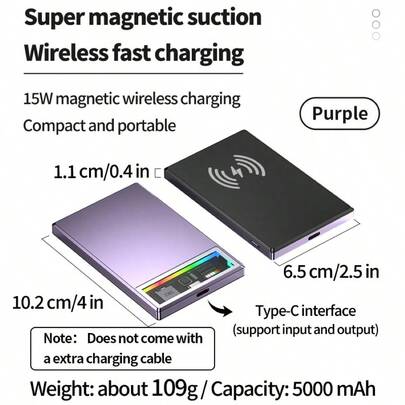 Alloy Solid Color 5000mAh Mini Metal Magnetic Portable Power Bank With 15W Wireless Charging, Magnetic Wireless Charging Bank, Portable Mobile Phone Charger Suitable Compatible With Iphone15pro/14max/13/12/16, With LED Power Display, Outdoor Emergency Power Gift