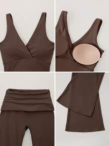 TimeOff 1 Set Women's Solid Color V-Neck Backless Removable Padded Camisole And Flared Leg Pants Sports Suit - Brown - View 4