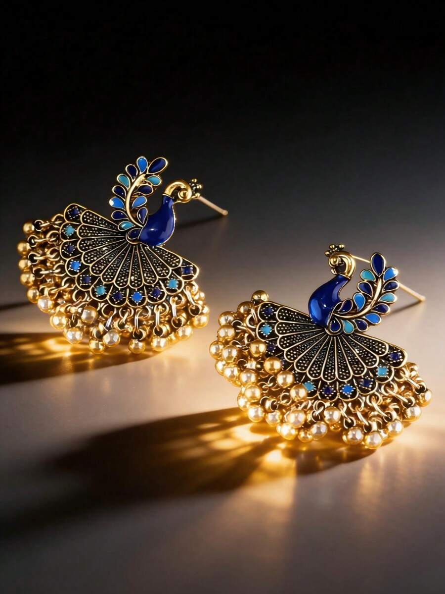 1对孔雀扇形小铃铛耳环 - 彩色 - 查看 1