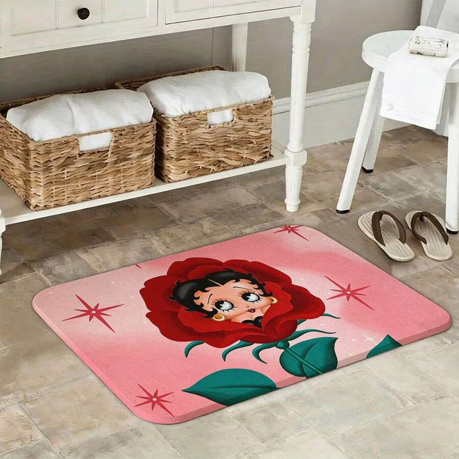 1Pcs Betty Retro Cartoon Floral Exquisite Rug Featuring A Character In A Red Rose With Star Patterns, Perfect For Valentine's Day And Vintage Enthusiasts. Boop,Betty,BooPp.Bathroom Deccor,Front Door Mat,Patio Cushions,Bedroom Rug,Carpet,Alfombra,Durable Fabric,Artistic Design,Versatile Accessory,Outdoor Enthusiasts,Room Decor,Home Décor,Bedroom Decor,New Year's Day, Valentine's Day,  Sunday, St. Patrick's Day, Irish Culture Day, April Fool's Day, Easter, Mother's Day, Father's Day, Flag Day, Halloween, Christmas Eve, New Year's Eve, Christmas Day – The Perfect Gift For Friends, Family, And Lovers. - 彩色 - 查看 1
